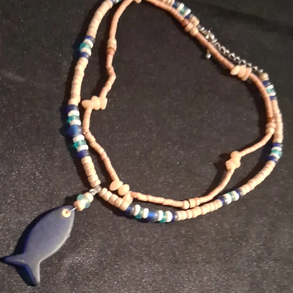 Wooden & Sea Glass Beaded Necklaces with Sea Glass Fish Pendant. 18 & 20 In Long